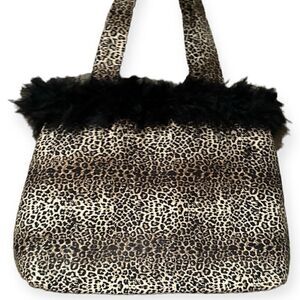 Leopard Print Tote Bag Purse Small Faix Fur Shoulder Bag Feather Fringe